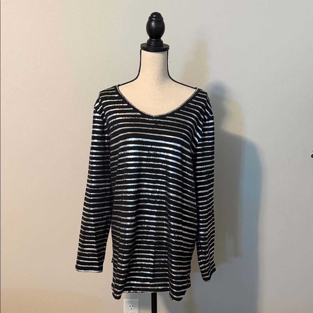 Soft Surroundings Black Top with Silver Stripe Long Sleeve